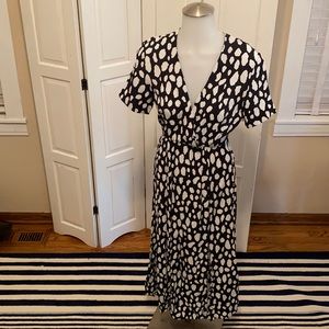 Maje Black and White Midi V-Neck Dress